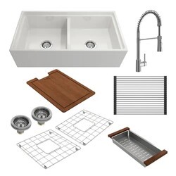 BOCCHI 1348-2020 KIT: 1348 CONTEMPO STEP-RIM APRON FRONT FIRECLAY 36 INCH DOUBLE BOWL KITCHEN SINK WITH INTEGRATED WORK STATION & ACCESSORIES WITH LIVENZA 2.0 FAUCET