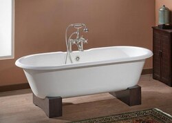 CHEVIOT 2131-BB 68 INCH REGAL CAST IRON BATHTUB WITH WOODEN BASE AND CONTINUOUS ROLLED RIM IN BISCUIT