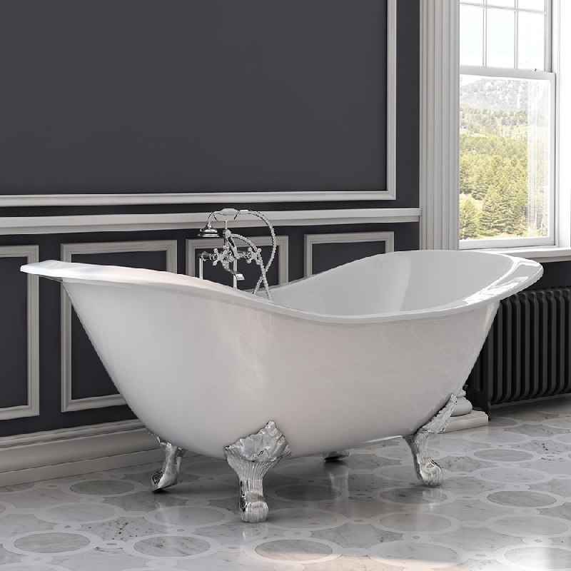 CAMBRIDGE PLUMBING DES-463D-6-PKG-7DH CAST IRON DOUBLE ENDED SLIPPER TUB 71 X 30 INCH WITH BRITISH TELEPHONE STYLE FAUCET WITH SIX INCH DECK MOUNT RISERS