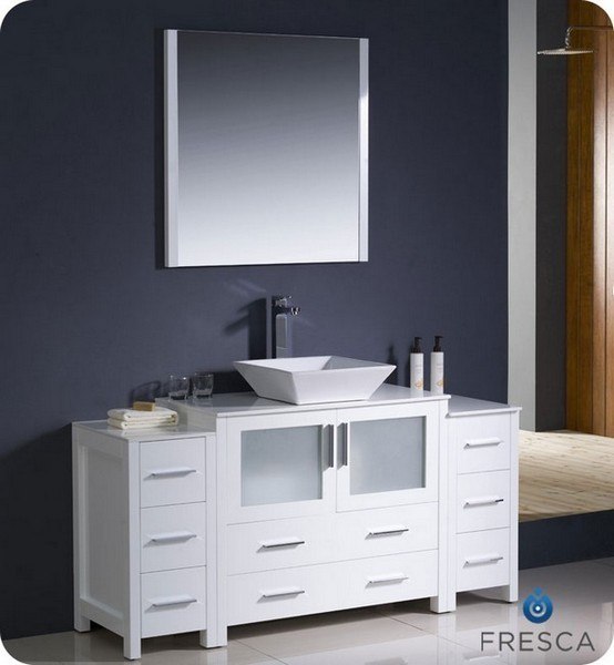 FRESCA FVN62-123612WH-VSL TORINO 59.75 INCH WHITE MODERN BATHROOM VANITY WITH 2 SIDE CABINETS AND VESSEL SINK