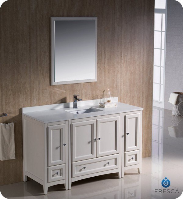 FRESCA FVN20-123012AW OXFORD 54 INCH ANTIQUE WHITE TRADITIONAL BATHROOM VANITY WITH 2 SIDE CABINETS
