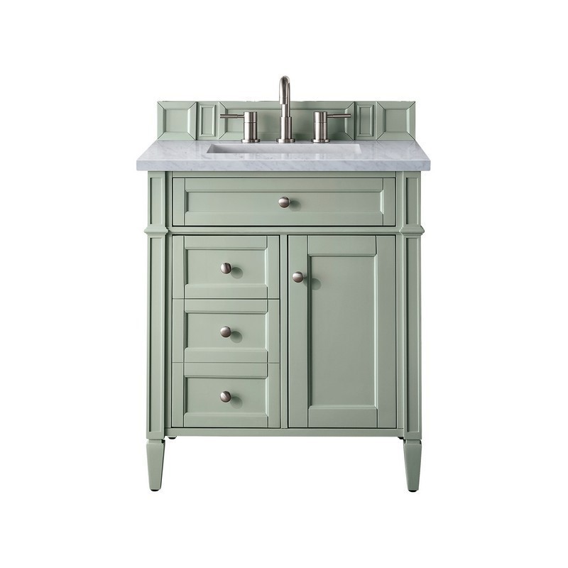 JAMES MARTIN 650-V30-SGR-3CAR BRITTANY 30 INCH SINGLE VANITY IN SAGE GREEN WITH 3 CM CARRARA MARBLE TOP