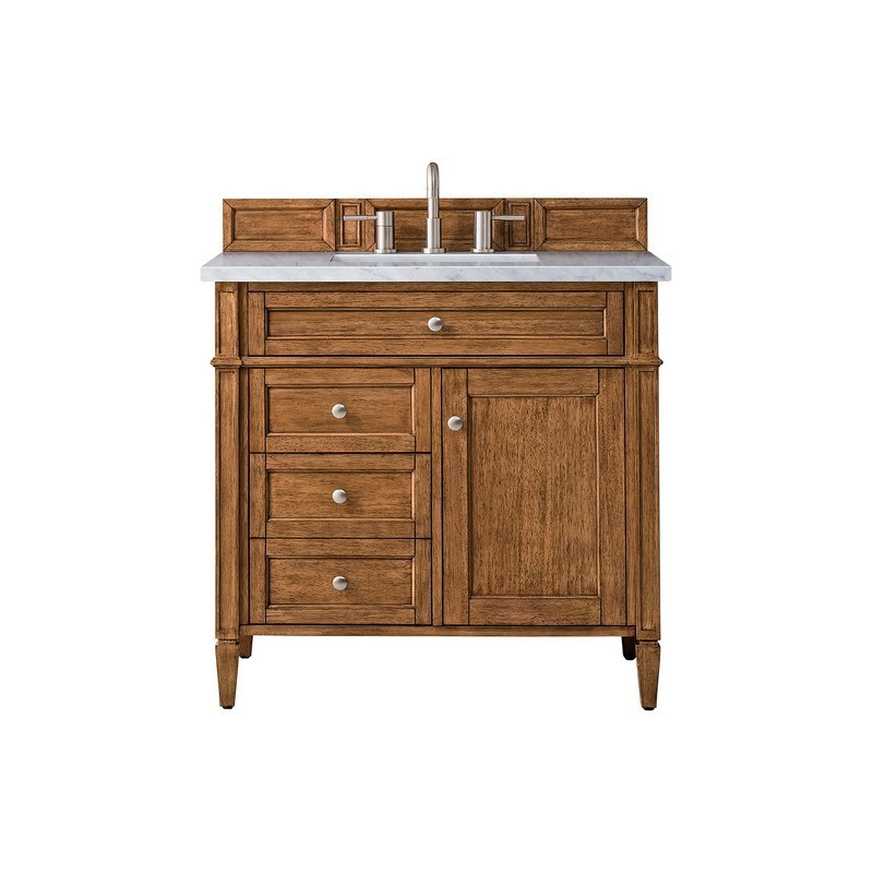 JAMES MARTIN 650-V36-SBR-3AF BRITTANY 36 INCH SADDLE BROWN SINGLE VANITY WITH 3 CM ARCTIC FALL SOLID SURFACE TOP