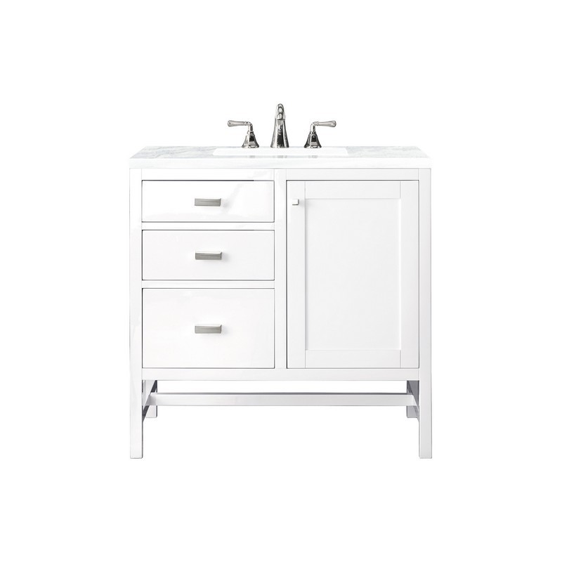 JAMES MARTIN E444-V36-GW-3AF ADDISON 36 INCH SINGLE VANITY CABINET IN GLOSSY WHITE WITH 3 CM ARCTIC FALL SOLID SURFACE COUNTERTOP