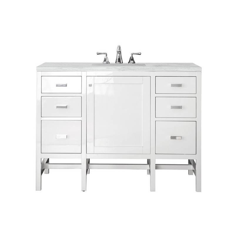 JAMES MARTIN E444-V48-GW-3AF ADDISON 48 INCH SINGLE VANITY CABINET IN GLOSSY WHITE WITH 3 CM ARCTIC FALL SOLID SURFACE COUNTERTOP