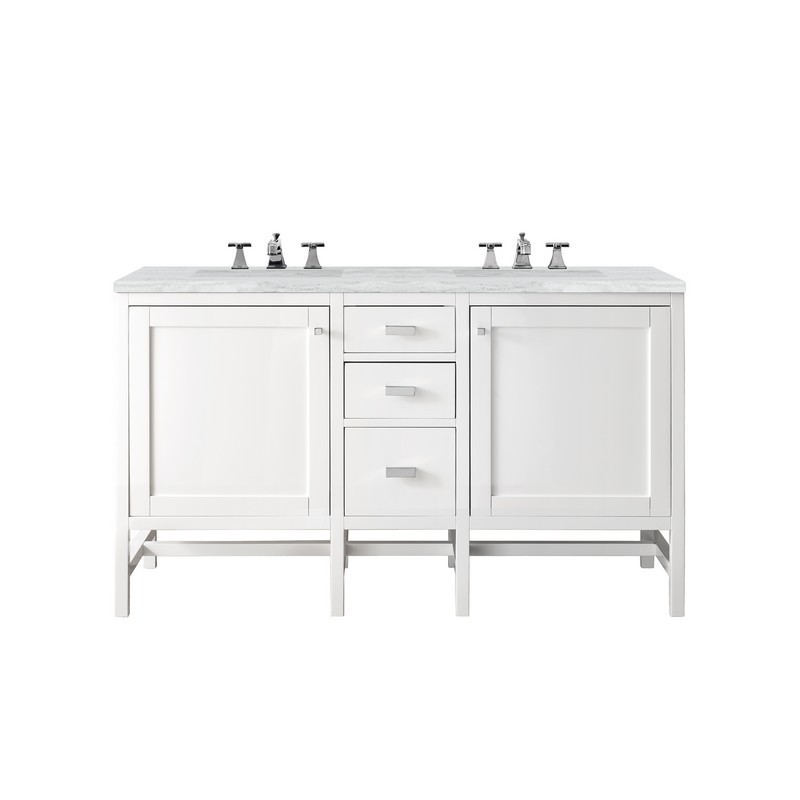 JAMES MARTIN E444-V60D-GW-3AF ADDISON 60 INCH DOUBLE VANITY CABINET IN GLOSSY WHITE WITH 3 CM ARCTIC FALL SOLID SURFACE COUNTERTOP