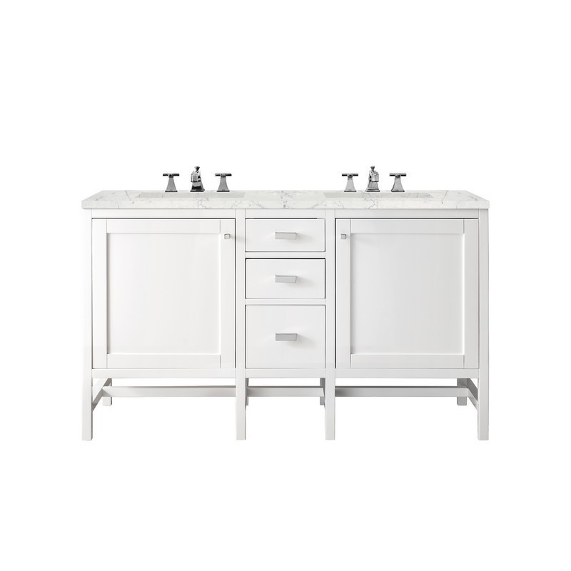 JAMES MARTIN E444-V60D-GW-3EJP ADDISON 60 INCH DOUBLE VANITY CABINET IN GLOSSY WHITE WITH 3 CM ETERNAL JASMINE PEARL QUARTZ TOP