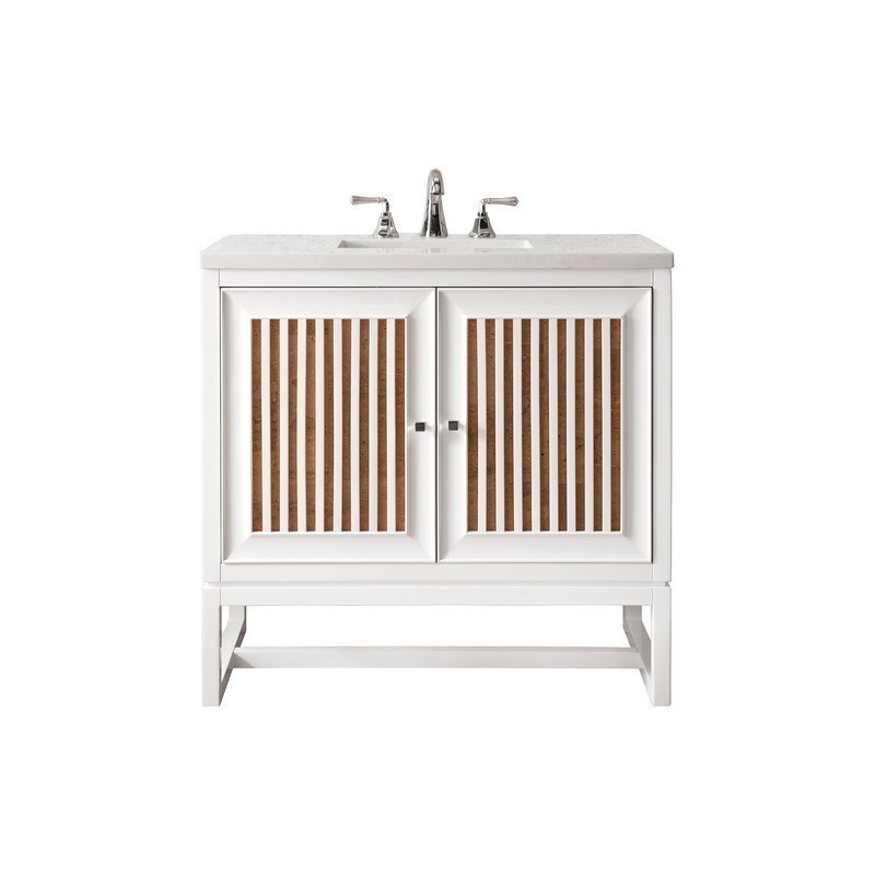 JAMES MARTIN E645-V30-GW-3CAR ATHENS 30 INCH SINGLE VANITY CABINET IN GLOSSY WHITE WITH 3 CM CARRARA WHITE TOP