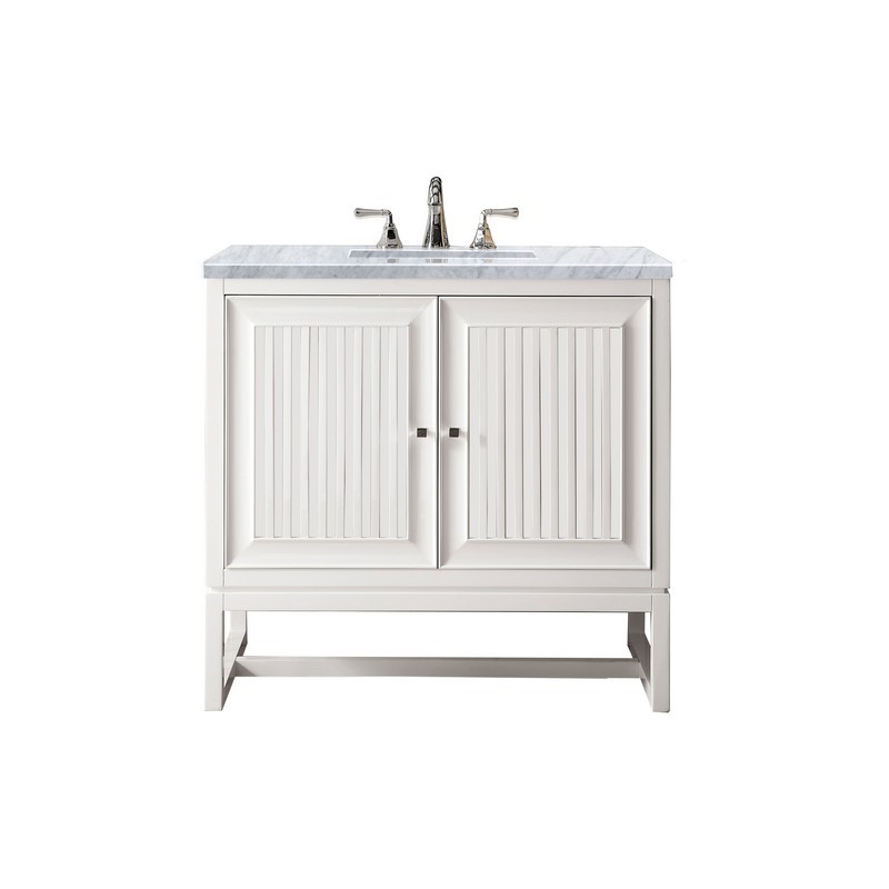 JAMES MARTIN E645-V36-GW-3CAR ATHENS 36 INCH SINGLE VANITY CABINET IN GLOSSY WHITE WITH 3 CM CARRARA WHITE TOP