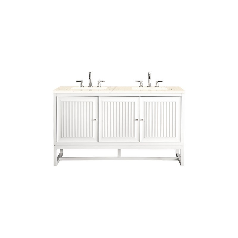 JAMES MARTIN E645-V60D-GW-3EMR ATHENS 60 INCH DOUBLE VANITY CABINET IN GLOSSY WHITE WITH 3 CM ETERNAL MARFIL TOP