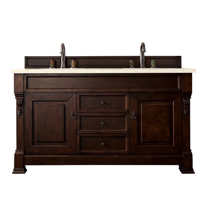 JAMES MARTIN 147-114-5661-3EMR BROOKFIELD 60 INCH BURNISHED MAHOGANY DOUBLE VANITY WITH 3 CM ETERNAL MARFIL QUARTZ TOP