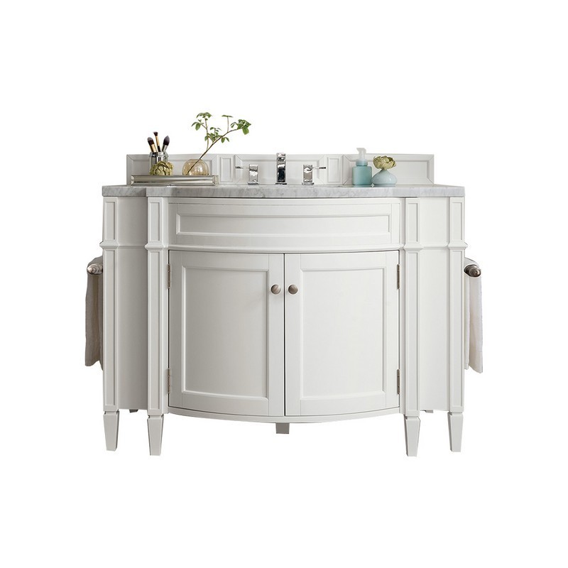 JAMES MARTIN 650-V46R-BW-CAR BRITTANY 46 INCH SINGLE VANITY IN BRIGHT WHITE WITH 3 CM CARRARA MARBLE TOP