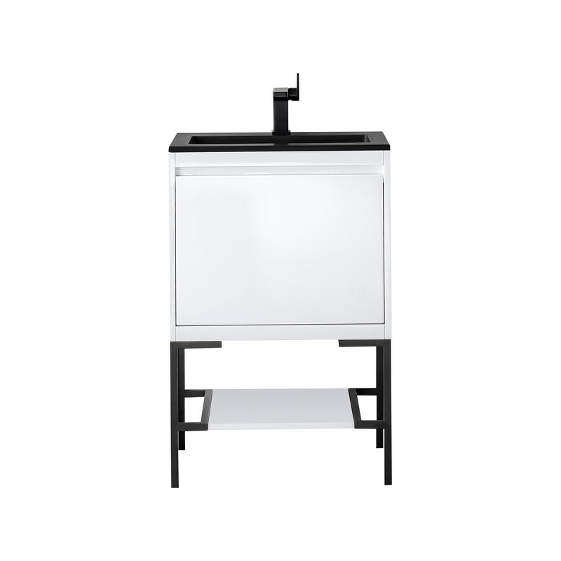 JAMES MARTIN 801V23.6GWMBKCHB MILAN 23.6 INCH SINGLE VANITY CABINET IN GLOSSY WHITE AND MATTE BLACK WITH CHARCOAL BLACK COMPOSITE TOP