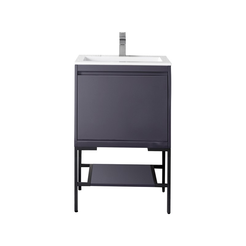JAMES MARTIN 801V23.6MGGMBKGW MILAN 23.6 INCH SINGLE VANITY CABINET IN MODERN GREY GLOSSY AND MATTE BLACK WITH GLOSSY WHITE COMPOSITE TOP