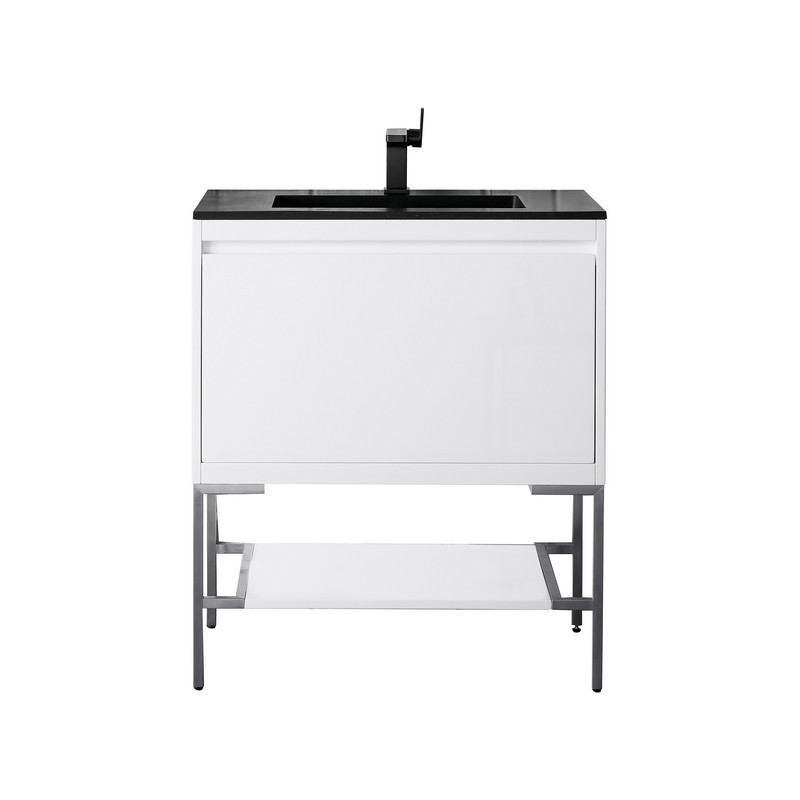 JAMES MARTIN 801V31.5GWBNKCHB MILAN 31.5 INCH SINGLE VANITY CABINET IN GLOSSY WHITE AND BRUSHED NICKEL WITH CHARCOAL BLACK COMPOSITE TOP