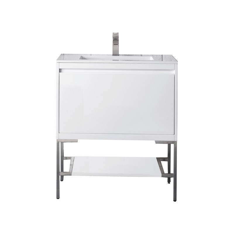 JAMES MARTIN 801V31.5GWBNKGW MILAN 31.5 INCH SINGLE VANITY CABINET IN GLOSSY WHITE AND BRUSHED NICKEL WITH GLOSSY WHITE COMPOSITE TOP