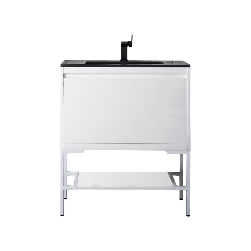 JAMES MARTIN 801V31.5GWGWCHB MILAN 31.5 INCH SINGLE VANITY CABINET IN GLOSSY WHITE AND GLOSSY WHITE WITH CHARCOAL BLACK COMPOSITE TOP