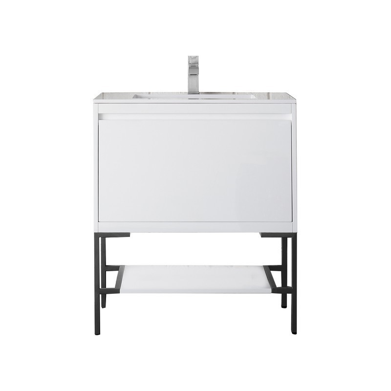 JAMES MARTIN 801V31.5GWMBKGW MILAN 31.5 INCH SINGLE VANITY CABINET IN GLOSSY WHITE AND MATTE BLACK WITH GLOSSY WHITE COMPOSITE TOP