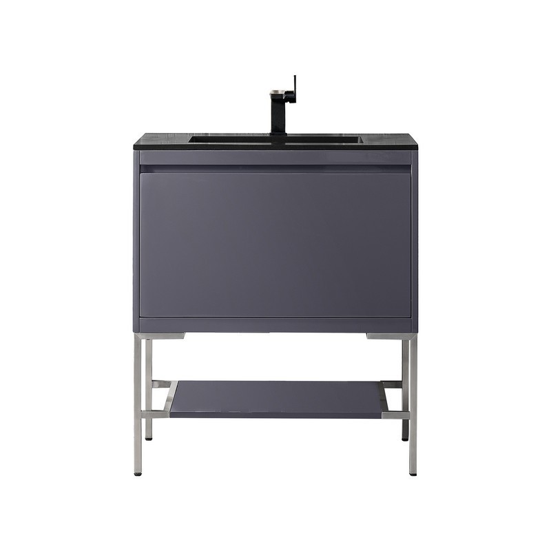 JAMES MARTIN 801V31.5MGGBNKCHB MILAN 31.5 INCH SINGLE VANITY CABINET IN MODERN GREY GLOSSY AND BRUSHED NICKEL WITH CHARCOAL BLACK COMPOSITE TOP