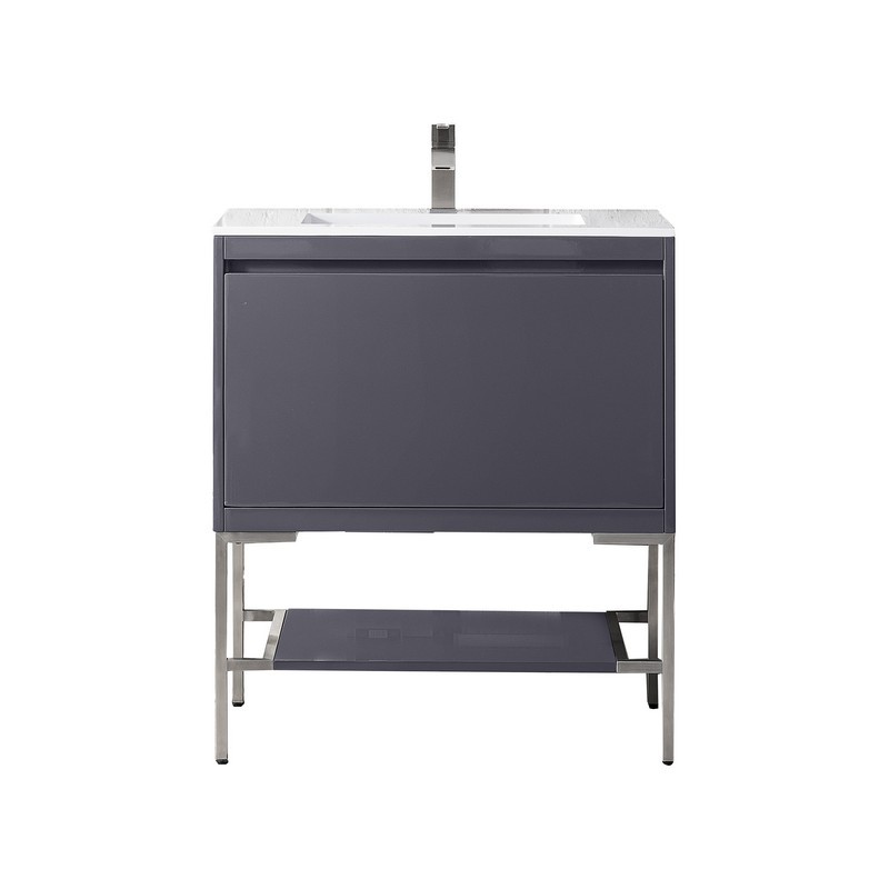 JAMES MARTIN 801V31.5MGGBNKGW MILAN 31.5 INCH SINGLE VANITY CABINET IN MODERN GREY GLOSSY AND BRUSHED NICKEL WITH GLOSSY WHITE COMPOSITE TOP