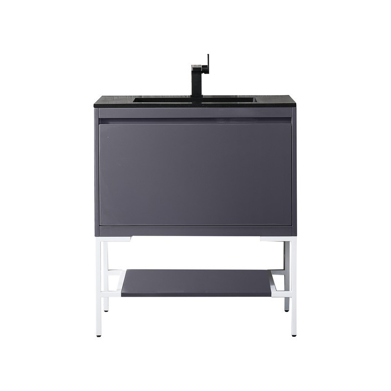 JAMES MARTIN 801V31.5MGGGWCHB MILAN 31.5 INCH SINGLE VANITY CABINET IN MODERN GREY GLOSSY AND GLOSSY WHITE WITH CHARCOAL BLACK COMPOSITE TOP