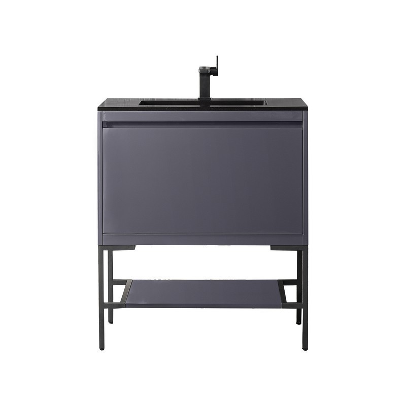 JAMES MARTIN 801V31.5MGGMBKCHB MILAN 31.5 INCH SINGLE VANITY CABINET IN MODERN GREY GLOSSY AND MATTE BLACK WITH CHARCOAL BLACK COMPOSITE TOP