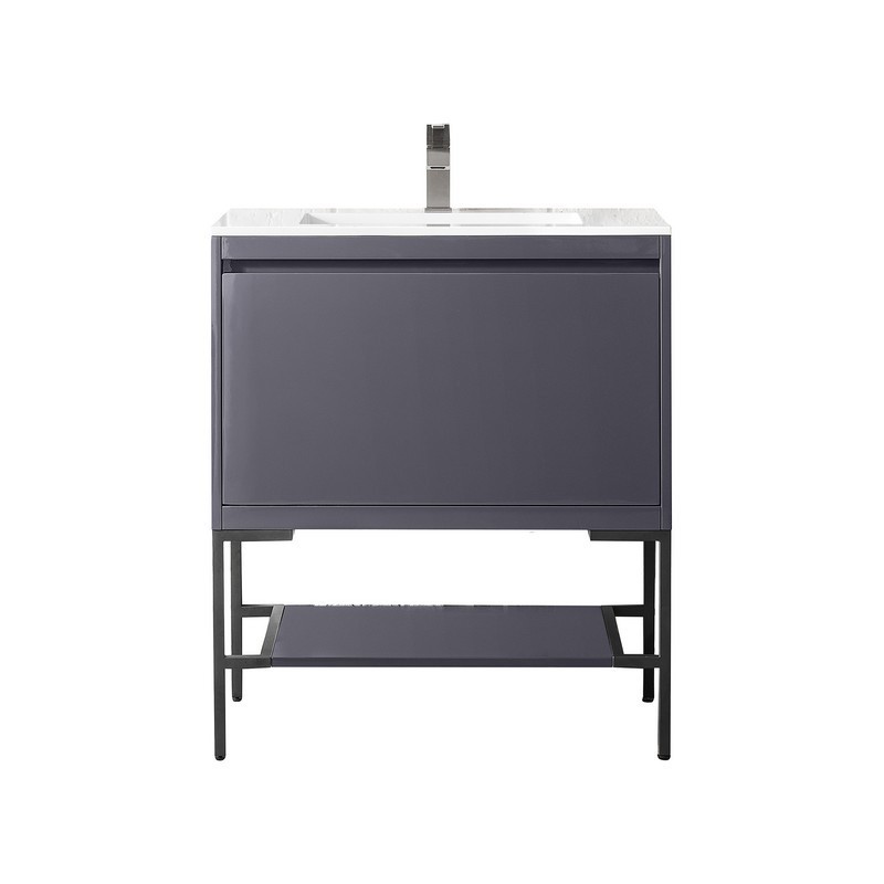 JAMES MARTIN 801V31.5MGGMBKGW MILAN 31.5 INCH SINGLE VANITY CABINET IN MODERN GREY GLOSSY AND MATTE BLACK WITH GLOSSY WHITE COMPOSITE TOP