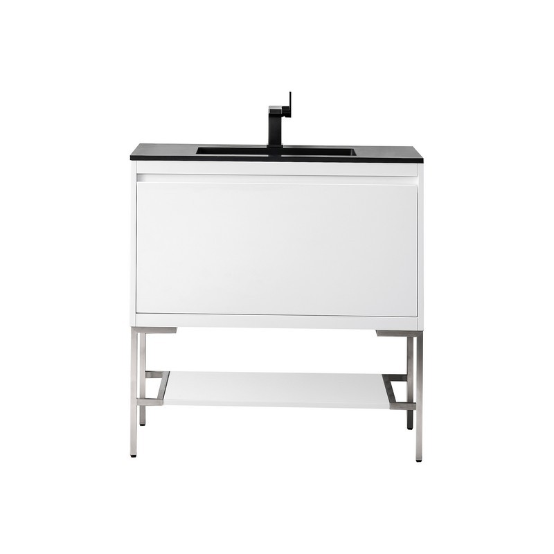 JAMES MARTIN 801V35.4GWBNKCHB MILAN 35.4 INCH SINGLE VANITY CABINET IN GLOSSY WHITE AND BRUSHED NICKEL WITH CHARCOAL BLACK COMPOSITE TOP