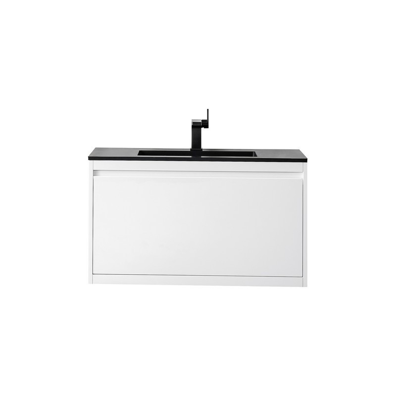 JAMES MARTIN 801V35.4GWCHB MILAN 35.4 INCH SINGLE VANITY CABINET IN GLOSSY WHITE WITH CHARCOAL BLACK COMPOSITE TOP