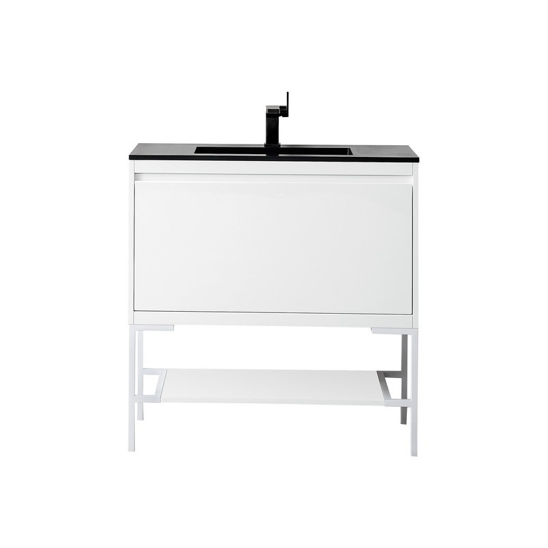 JAMES MARTIN 801V35.4GWGWCHB MILAN 35.4 INCH SINGLE VANITY CABINET IN GLOSSY WHITE AND GLOSSY WHITE WITH CHARCOAL BLACK COMPOSITE TOP