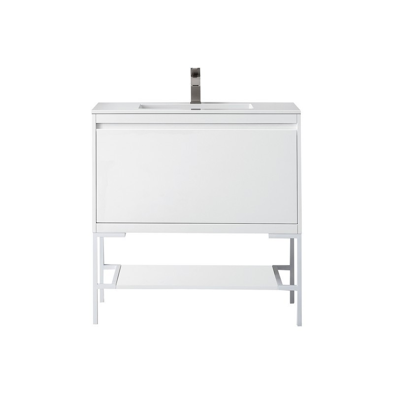 JAMES MARTIN 801V35.4GWGWGW MILAN 35.4 INCH SINGLE VANITY CABINET IN GLOSSY WHITE AND GLOSSY WHITE WITH GLOSSY WHITE COMPOSITE TOP