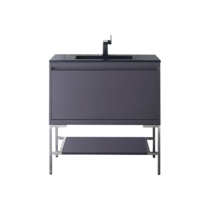 JAMES MARTIN 801V35.4MGGBNKCHB MILAN 35.4 INCH SINGLE VANITY CABINET IN MODERN GREY GLOSSY AND BRUSHED NICKEL WITH CHARCOAL BLACK COMPOSITE TOP
