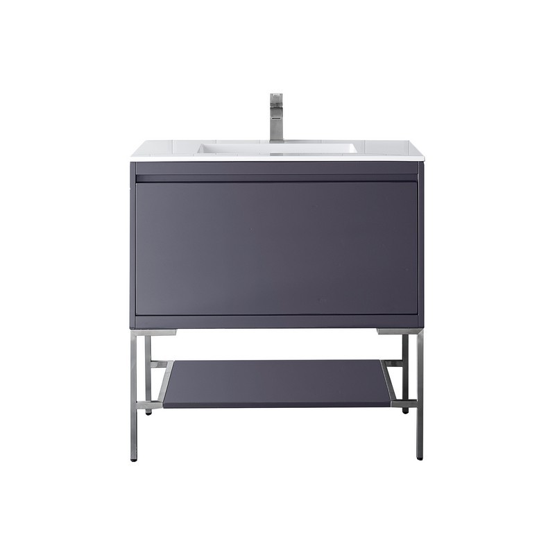 JAMES MARTIN 801V35.4MGGBNKGW MILAN 35.4 INCH SINGLE VANITY CABINET IN MODERN GREY GLOSSY AND BRUSHED NICKEL WITH GLOSSY WHITE COMPOSITE TOP
