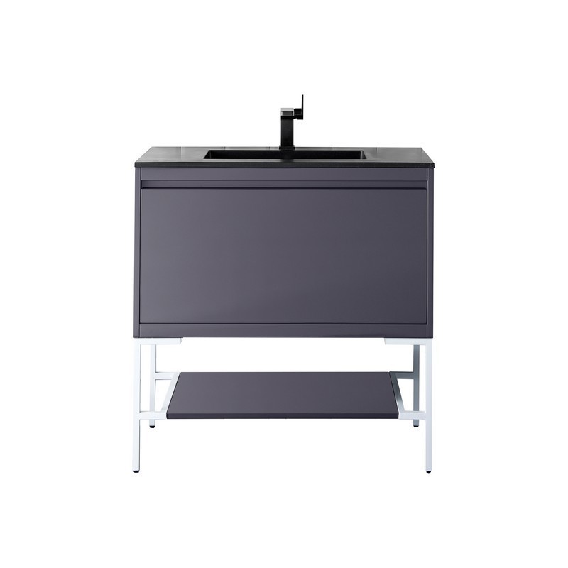 JAMES MARTIN 801V35.4MGGGWCHB MILAN 35.4 INCH SINGLE VANITY CABINET IN MODERN GREY GLOSSY AND GLOSSY WHITE WITH CHARCOAL BLACK COMPOSITE TOP