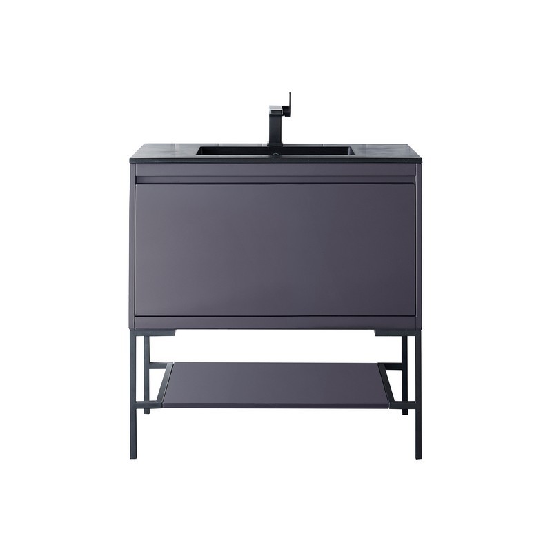 JAMES MARTIN 801V35.4MGGMBKCHB MILAN 35.4 INCH SINGLE VANITY CABINET IN MODERN GREY GLOSSY AND MATTE BLACK WITH CHARCOAL BLACK COMPOSITE TOP
