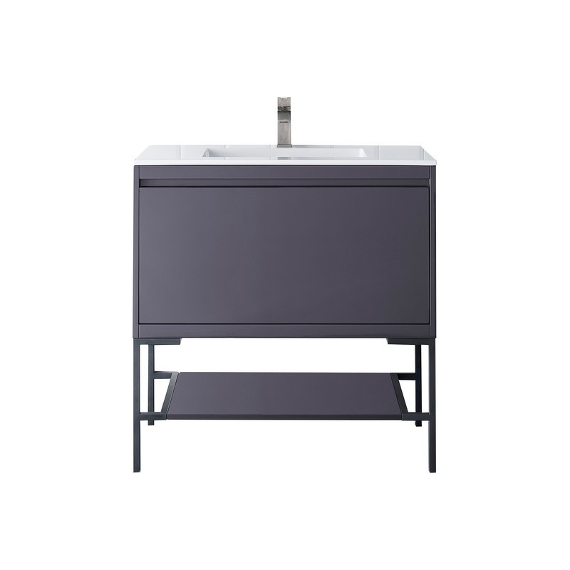 JAMES MARTIN 801V35.4MGGMBKGW MILAN 35.4 INCH SINGLE VANITY CABINET IN MODERN GREY GLOSSY AND MATTE BLACK WITH GLOSSY WHITE COMPOSITE TOP