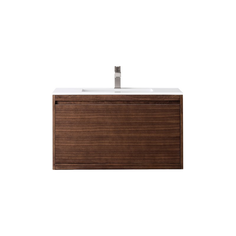 JAMES MARTIN 801V35.4WLTGW MILAN 35.4 INCH SINGLE VANITY CABINET IN MID CENTURY WALNUT WITH GLOSSY WHITE COMPOSITE TOP