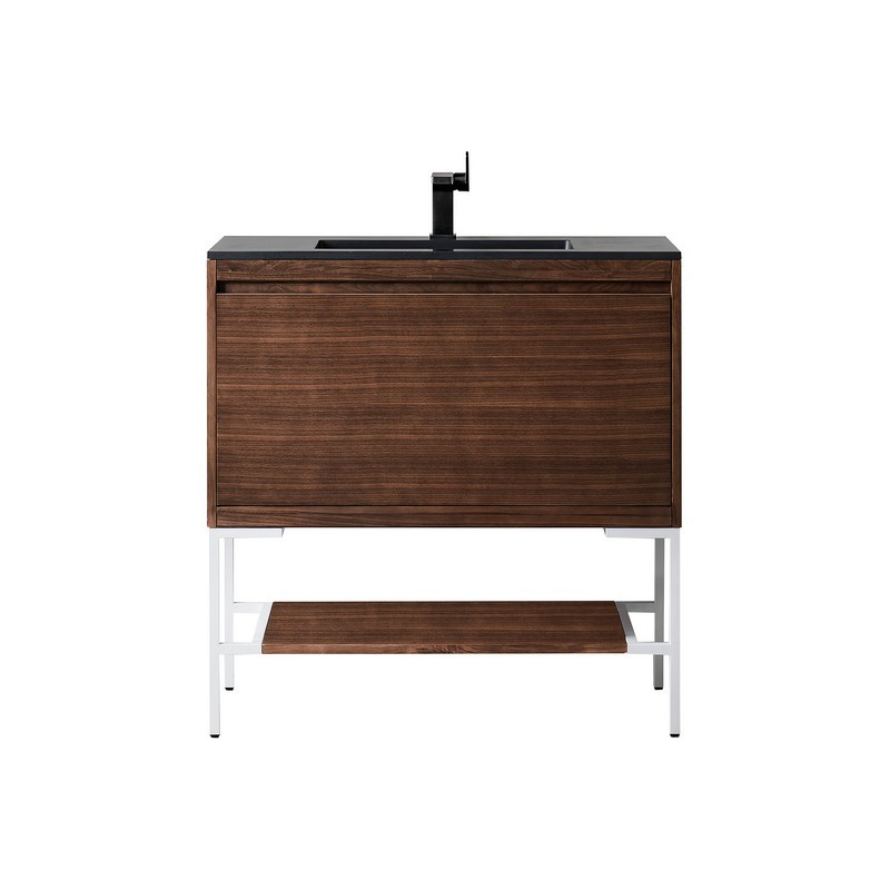 JAMES MARTIN 801V35.4WLTGWCHB MILAN 35.4 INCH SINGLE VANITY CABINET IN MID CENTURY WALNUT AND GLOSSY WHITE WITH CHARCOAL BLACK COMPOSITE TOP
