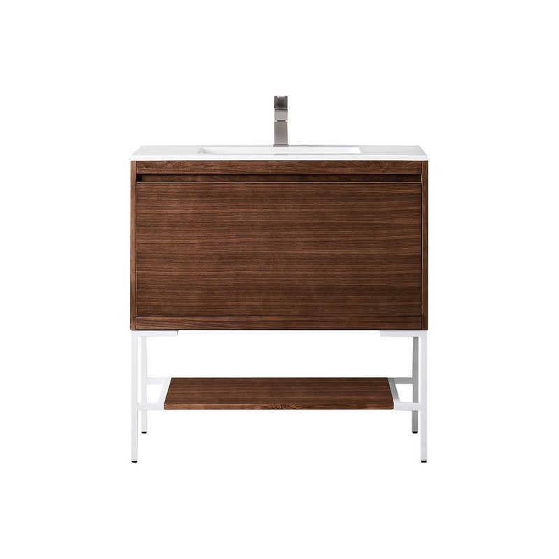 JAMES MARTIN 801V35.4WLTGWGW MILAN 35.4 INCH SINGLE VANITY CABINET IN MID CENTURY WALNUT AND GLOSSY WHITE WITH GLOSSY WHITE COMPOSITE TOP