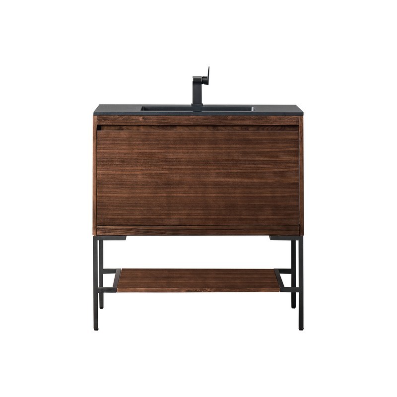 JAMES MARTIN 801V35.4WLTMBKCHB MILAN 35.4 INCH SINGLE VANITY CABINET IN MID CENTURY WALNUT AND MATTE BLACK WITH CHARCOAL BLACK COMPOSITE TOP