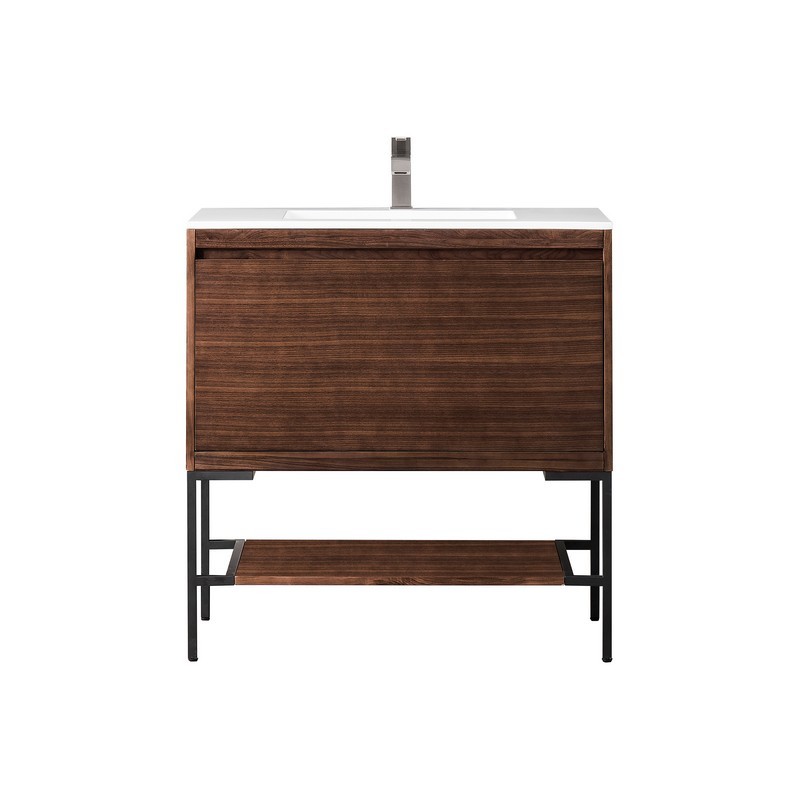 JAMES MARTIN 801V35.4WLTMBKGW MILAN 35.4 INCH SINGLE VANITY CABINET IN MID CENTURY WALNUT AND MATTE BLACK WITH GLOSSY WHITE COMPOSITE TOP