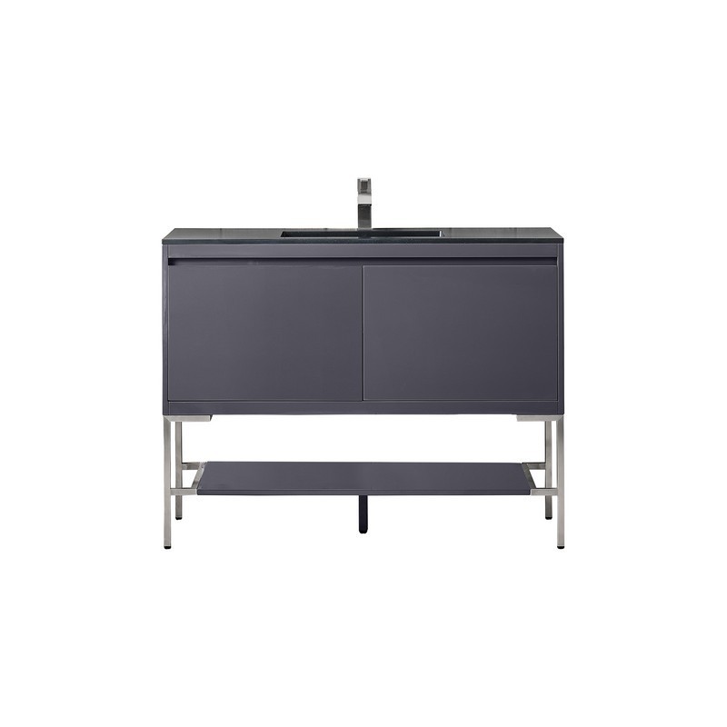 JAMES MARTIN 801V47.3MGGBNKCHB MILAN 47.3 INCH SINGLE VANITY CABINET IN MODERN GREY GLOSSY AND BRUSHED NICKEL WITH CHARCOAL BLACK COMPOSITE TOP