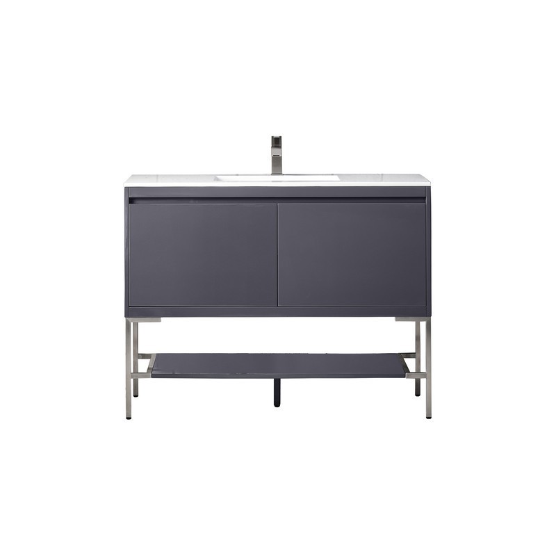 JAMES MARTIN 801V47.3MGGBNKGW MILAN 47.3 INCH SINGLE VANITY CABINET IN MODERN GREY GLOSSY AND BRUSHED NICKEL WITH GLOSSY WHITE COMPOSITE TOP