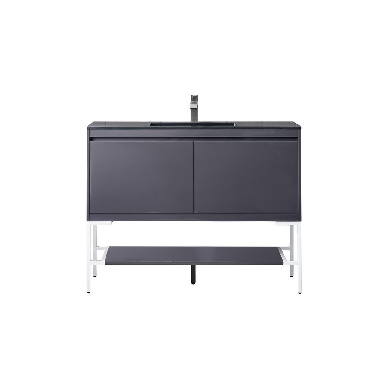 JAMES MARTIN 801V47.3MGGGWCHB MILAN 47.3 INCH SINGLE VANITY CABINET IN MODERN GREY GLOSSY AND GLOSSY WHITE WITH CHARCOAL BLACK COMPOSITE TOP