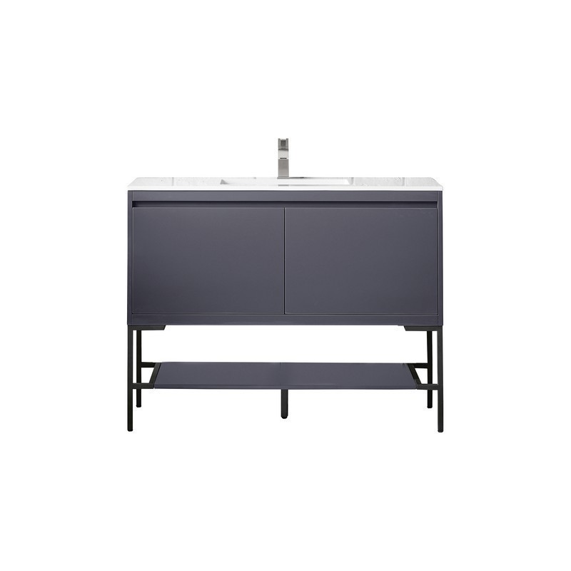 JAMES MARTIN 801V47.3MGGMBKGW MILAN 47.3 INCH SINGLE VANITY CABINET IN MODERN GREY GLOSSY AND MATTE BLACK WITH GLOSSY WHITE COMPOSITE TOP
