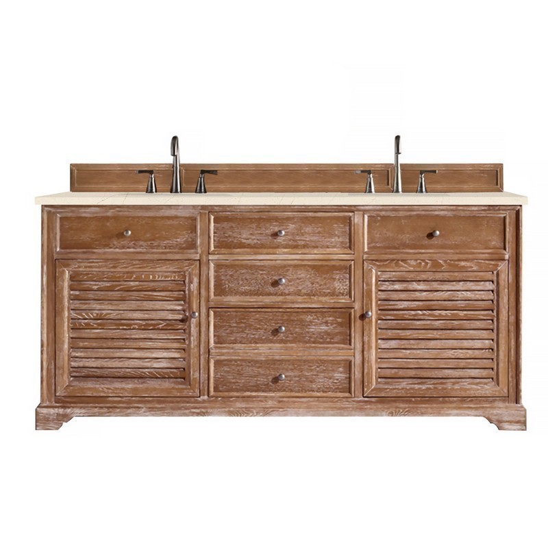 JAMES MARTIN 238-104-5711-3EMR SAVANNAH 72 INCH DOUBLE VANITY CABINET IN DRIFTWOOD WITH 3 CM ETERNAL MARFIL QUARTZ TOP