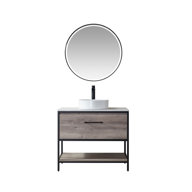 VINNOVA 701336-MXO-GW PALMA 36 INCH  VANITY IN MOXICAN OAK WITH WHITE COMPOSITE GRAIN STONE COUNTERTOP AND VESSEL SINK WITH MIRROR