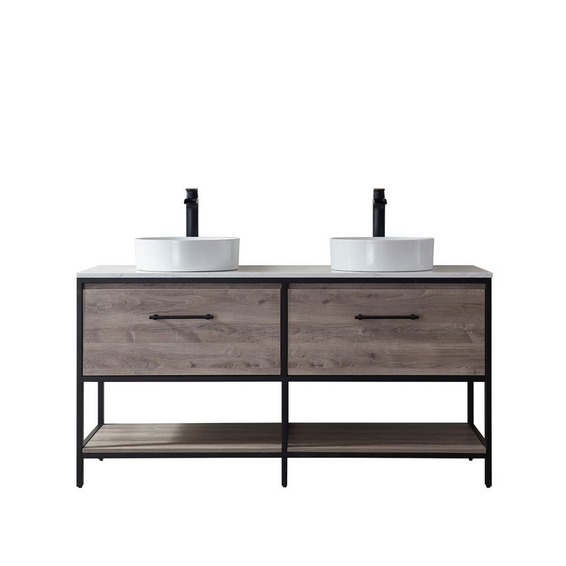VINNOVA 701360-MXO-GW-NM PALMA 60 INCH  VANITY IN MOXICAN OAK WITH WHITE COMPOSITE GRAIN STONE COUNTERTOP AND VESSEL SINK WITHOUT MIRROR