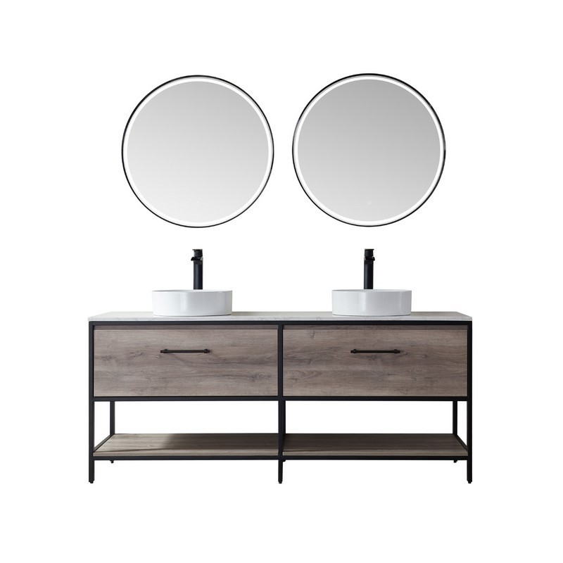 VINNOVA 701372-MXO-GW PALMA 72 INCH  VANITY IN MOXICAN OAK WITH WHITE COMPOSITE GRAIN STONE COUNTERTOP AND VESSEL SINK WITH MIRROR
