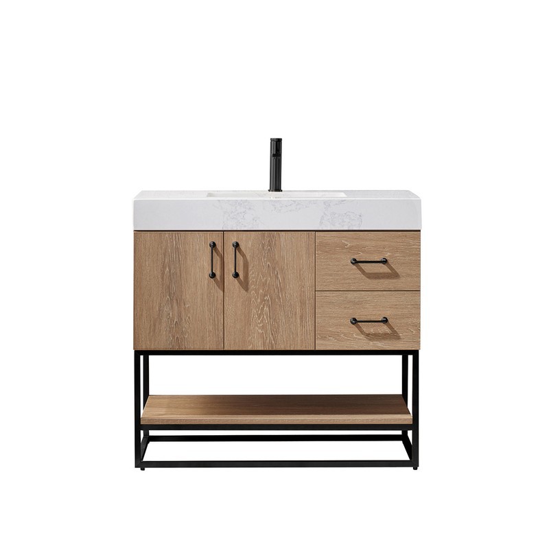 VINNOVA 789036B-NO-GW-NM ALISTAIR 36B INCH  SINGLE VANITY IN NORTH AMERICAN OAK WITH WHITE GRAIN STONE COUNTERTOP WITHOUT MIRROR